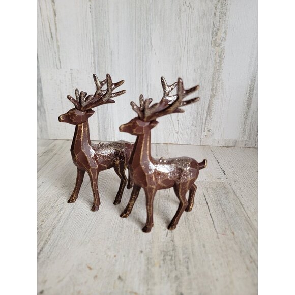 Vintage rustic glitter reindeer ornament Xmas set brown - Picture 4 of 6